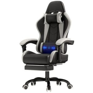 JUMMICO Gaming Stuhl Massage, Bürostuhl Ergonomisch Mit Massage-Lendenkissen, Gamer Stuhl verstellbare Rückenlehne 90-135°,und fußstütze, Gamingstuhl 150 kg belastbarkeit, Weiß