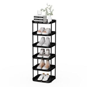 Altdnmaf 6 Ebenen Schmal Schuhregal, Mehrschichtiges Hoch Schuhregale Platzsparend, Stapelbar Klein Standregal, Vertikales Plastik Regal, Shoe Rack für Treppe, Flur, Küche, Schlafzimmer, Schwarz