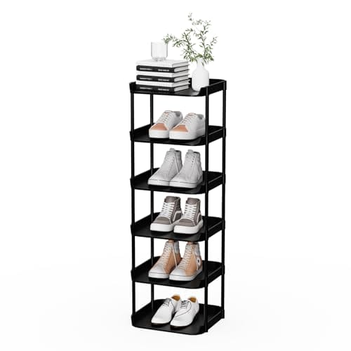 Altdnmaf 6 Ebenen Schmal Schuhregal, Mehrschichtiges Hoch Schuhregale Platzsparend, Stapelbar Klein Standregal, Vertikales Plastik Regal, Shoe Rack für Treppe, Flur, Küche, Schlafzimmer, Schwarz