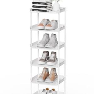 Altdnmaf 6 Ebenen Schmal Schuhregal, Mehrschichtiges Hoch Schuhregale Platzsparend, Stapelbar Klein Standregal, Vertikales Plastik Regal, Shoe Rack für Treppe, Flur, Küche, Schlafzimmer, Weiß