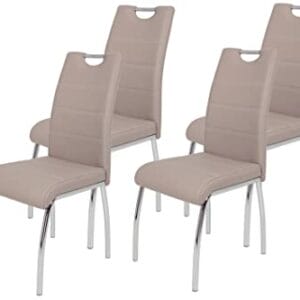 Hela Tische, 4er Set Esszimmerstuhl Susi, Bezug Kunstleder Cappuccino, Griffmulde, Metallgestell Chrom, 43 x 61 x 98 cm