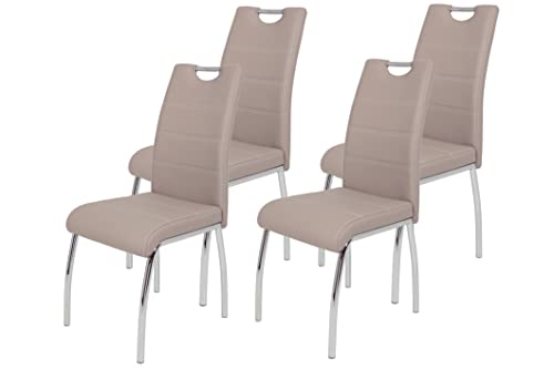 Hela Tische, 4er Set Esszimmerstuhl Susi, Bezug Kunstleder Cappuccino, Griffmulde, Metallgestell Chrom, 43 x 61 x 98 cm