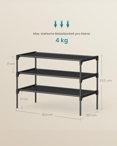 SONGMICS Schuhregal 3 Ebenen, Schuhablage, Schuhaufbewahrung, Eingangsbereich, Flur, platzsparend, 29,7 x 62,3 x 53,5 cm, Metallrahmen, Vliesstoff-Ablage, tintenschwarz LSH023BH01 – Bild 4