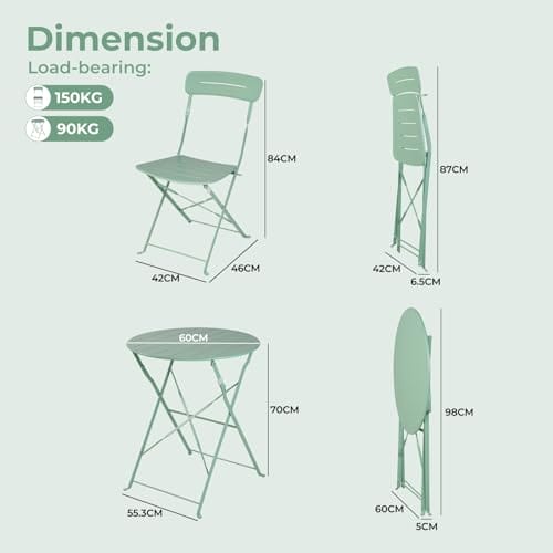 Grand patio Bistrotisch mit 2 Stühlen, Balkonmöbel Set 3 Teilig, Terrassenmöbel Wetterfest, Bistro Set, Balkon Garten Möbel Set für Kleinen Balkon (grün) – Bild 3