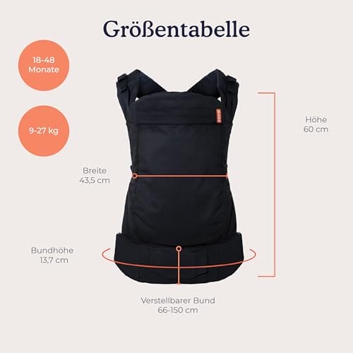 Beco Toddler Babytrage & Kindertrage (9-27 kg) - 100% Baumwoll Trage Kleinkind, Leicht & Atmungsaktiv, Hüftfreundlich mit 2 Tragepositionen: Bauchtrage & Rückentrage (Schwarz) – Bild 5