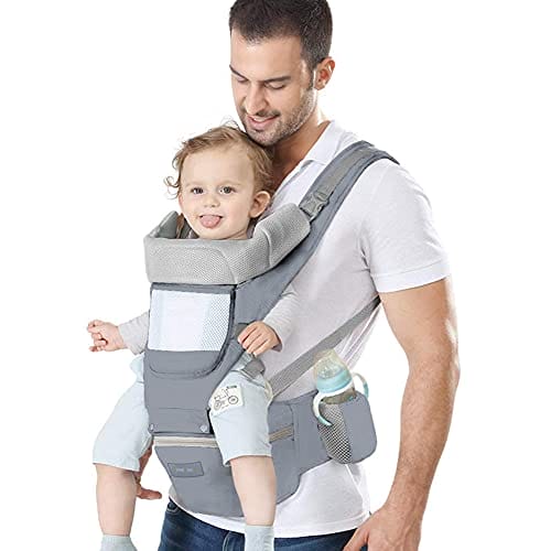 Azeekoom Babytrage Ergonomischemit Hüftsitz, Baumwolle Kindertrage Dorsal und Ventral, Leicht Atmungsaktive, Verstellbare Kopfstütze für Babys und Kinder von 0 bis 48 Monat (3,5 bis 25 kg)