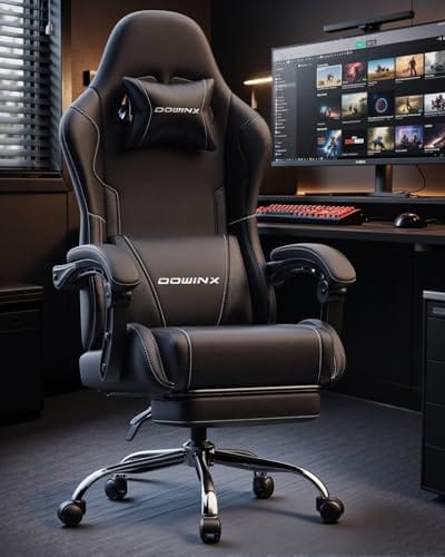 Dowinx Gaming Stuhl Bürostuhl Massage Gaming Sessel mit höhenverstellbaren Linkage-Armlehnen, ergonomischer Gamer Stuhl mit Fußstütze, gepolstert Gaming Chair 150° neigbar bis 180 kg, Schwarz – Bild 3