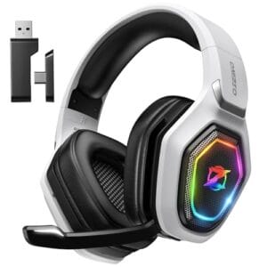 Ozeino OW810 Gaming Headset 40h Akku & Spielen beim Laden, 2.4GHz+BT(≤30ms), 7.1 Surround Sound Wireless Headset Mit Mikrofon für FIFA/CS:GO/Streaming, Kompatibel für PS5/PS4/Switch/Mac, Kristallweiß