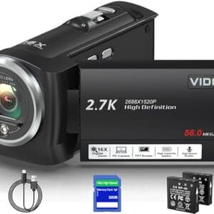 Delmodes Videokamera 2.7K 56MP Camcorder 16X Digitalzoom Vlogging Camera mit LED-Fülllicht für YouTube, 2.8″ LCD Bildschirm Camcorder mit 32 GB SD-Karte, 2 Batterien