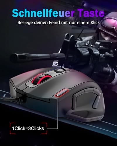 E-Yooso Kabelgebundene Große Gaming Maus, Große Gamer-Maus mit Schnellfeuertaste, 5 Seitentasten, 12400 DPI, 5 Beleuchtungsmodi, 11 programmierbare Makrotasten, einstellbare Gewichte – Bild 4