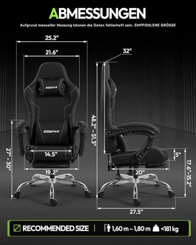 Dowinx Gaming Stuhl Bürostuhl Massage Gaming Sessel mit höhenverstellbaren Linkage-Armlehnen, ergonomischer Gamer Stuhl mit Fußstütze, gepolstert Gaming Chair 150° neigbar bis 180 kg, Schwarz – Bild 4