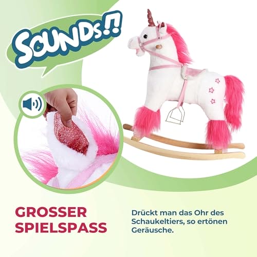 Deuba Spielwerk® Schaukeltier Einhorn inkl. Sound Effekt Sattel Zaumzeug Steigbügel Plüsch Schaukel Wippe Kinder Baby Spielzeug Balancetraining besonders weich Schaukelpferd – Bild 5