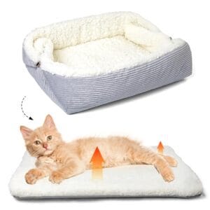MAIYADUO Weiches Katzenbett Waschbar 42×38 cm Plüsch Haustierbett für Kleine Hunde und Katzen – 2 in 1 Katzenkissen Katzendecke Katzensofa Nest Bett, Entfaltete Größe 61×51 cm
