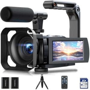 Videokamera 5K, 56MP Camcorder Vlogging Kamera für YouTube, WiFi Nachtsicht 3″ 270° drehbarer Touchscreen Webcam Camcorder, Video Camera mit 64GB Karte, Fernbedienung, Mikrofon, 2 Batterien, Stativ