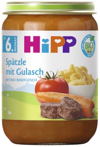 HiPP Spätzle mit Gulasch (6 x 190g), Menü ab 6. Monat, ohne Salzzusatz, mit Omega-3, in bester Bio-Qualität