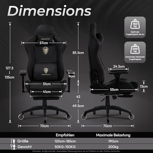 Dowinx Gaming Stuhl, Atmungsaktiver und Ergonomischer Bürostuhl aus Mikrofaser-Velours, Weiches Sitzgefühl wie Pelz, Verstellbarer Schreibtischstuhl mit Fußstütze, Hellschwarz – Bild 4