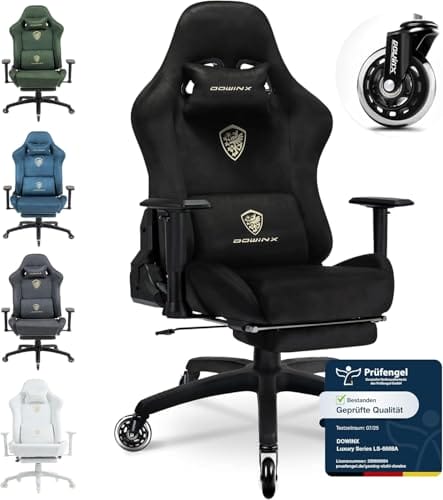 Dowinx Gaming Stuhl, Atmungsaktiver und Ergonomischer Bürostuhl aus Mikrofaser-Velours, Weiches Sitzgefühl wie Pelz, Verstellbarer Schreibtischstuhl mit Fußstütze, Hellschwarz