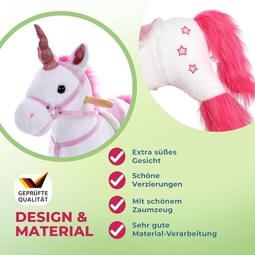 Deuba Spielwerk® Schaukeltier Einhorn inkl. Sound Effekt Sattel Zaumzeug Steigbügel Plüsch Schaukel Wippe Kinder Baby Spielzeug Balancetraining besonders weich Schaukelpferd – Bild 7