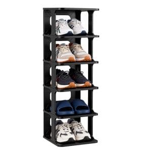 Ribelli Schuhregal 6 Ebenen, Schuhschrank Schmal, Stapelbar Klein Regal Hoch, Kunststoff Schuhablage Platzsparend für Treppe, Flur, Badezimmer und Schlafzimmer, Schwarz