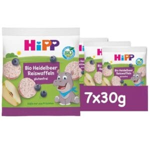 HiPP Bio Heidelbeer Reiswaffeln (7 x 30g), Babysnack ab 8. Monat, Süße nur aus Früchten, in bester Bio-Qualität
