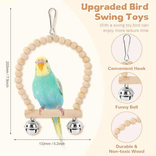 Pethee 8 Stück Vogelspielzeug für Sittiche Wellensittiche, zum Aufhängen, Kauspielzeug für Papageien Vogelschaukel Glocken Schaukelspielzeug aus Holz Vogelkäfig für Conures Liebesvögel Nymphensittiche – Bild 4