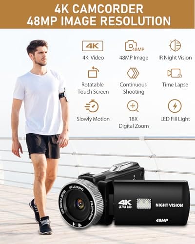 ZIMOCE Videokamera 4K 48MP Camcorder mit IR-Nachtsicht, 18X Digital Zoom 3.0'' 270° Rotation Touch-Screen Vlogging Kamera für YouTube Tiktok mit Fernbedienung, Mikrofon, 64 GB TF Karte, 2 Batterien – Bild 3