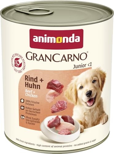 animonda GranCarno Junior Rind + Huhn (6 x 800 g), Welpenfutter für Junge Hunde, Nassfutter für Hunde mit 100% frischen, fleischlichen Zutaten, Junior Hundefutter ohne Getreide