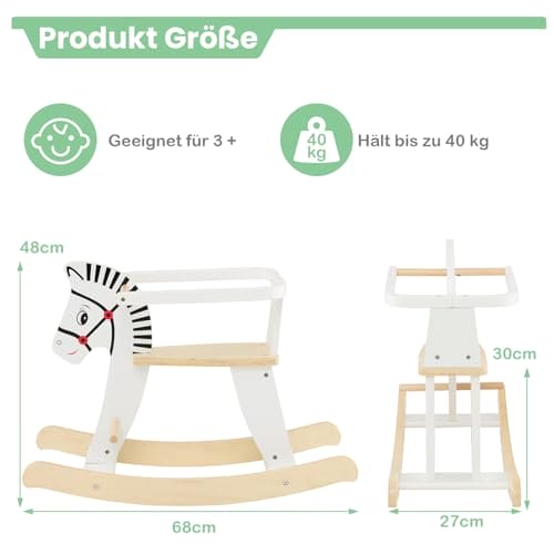 COSTWAY 2 in 1 Zebra Schaukelpferd, Schaukeltier aus Holz mit abnehmbaren Zäunen & Rückenlehne, Schaukelwippe Holzschaukelpferd für Baby ab 3 Jahren, Weiß – Bild 7