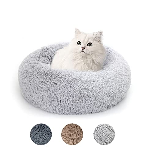 Lucky Sign - Katzenbett Hundebetten Rundes Kuschelbett Hundekörbchen Katzenkorb Zum Schlafen Hundekissen Waschbar Katzenschlafplatz für Katzen und kleine Hunde, (M) 50 cm Ø - Hellgrau