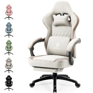 Dowinx Gaming Stuhl Stoff, Massage Gaming Sessel mit Fußstütze, Ergonomischer PC Stuhl Gamer Stuhl Bürostuhl 150 kg belastbarkeit, Beige