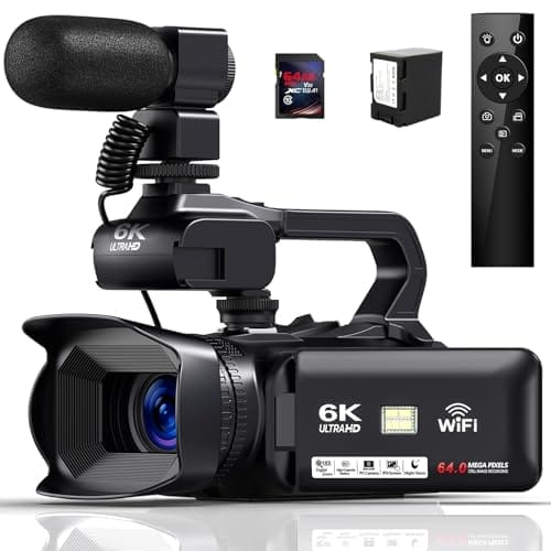 Delmodes Videokamera 6K 64MP Camcorder 18X Digital Zoom Vlogging Camera for YouTube, 4.0" Touch Screen HD WiFi Videokamera mit 4500mAh Battery, 64G SD-Karte, Stabilizer, Microphone and Remote