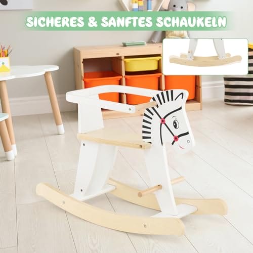 COSTWAY 2 in 1 Zebra Schaukelpferd, Schaukeltier aus Holz mit abnehmbaren Zäunen & Rückenlehne, Schaukelwippe Holzschaukelpferd für Baby ab 3 Jahren, Weiß – Bild 6