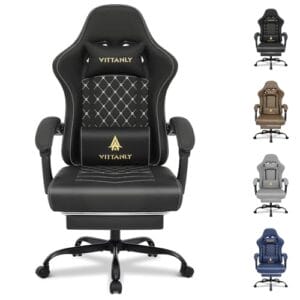 Vittanly Gaming Stuhl mit Frühling Kissen, Ergonomischer Gaming Chair Gamer Stuhl mit Kopfstütze, Lendenkissen und Fußstütze, Höhenverstellbarer Drehbarer Gaming Sessel Bürostuhl 150 kg, Schwarz