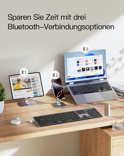 Inateck Kabellose Tastatur,KI-Funktion Bluetooth Tastatur mit 3 Bluetooth Kanälen,Deutsches QWERTZ Layout,Leise Tasten, Kompatibel mit iPadOS Android, Windows,KB06007 – Bild 3