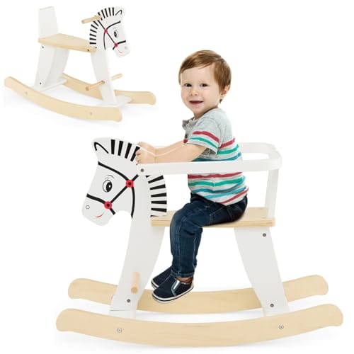 COSTWAY 2 in 1 Zebra Schaukelpferd, Schaukeltier aus Holz mit abnehmbaren Zäunen & Rückenlehne, Schaukelwippe Holzschaukelpferd für Baby ab 3 Jahren, Weiß