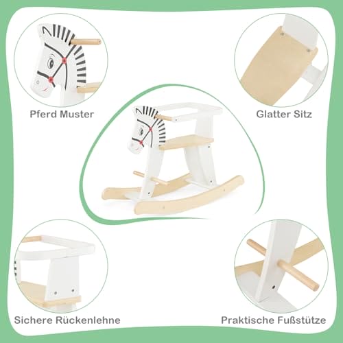 COSTWAY 2 in 1 Zebra Schaukelpferd, Schaukeltier aus Holz mit abnehmbaren Zäunen & Rückenlehne, Schaukelwippe Holzschaukelpferd für Baby ab 3 Jahren, Weiß – Bild 8