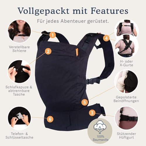 Beco Toddler Babytrage & Kindertrage (9-27 kg) - 100% Baumwoll Trage Kleinkind, Leicht & Atmungsaktiv, Hüftfreundlich mit 2 Tragepositionen: Bauchtrage & Rückentrage (Schwarz) – Bild 4