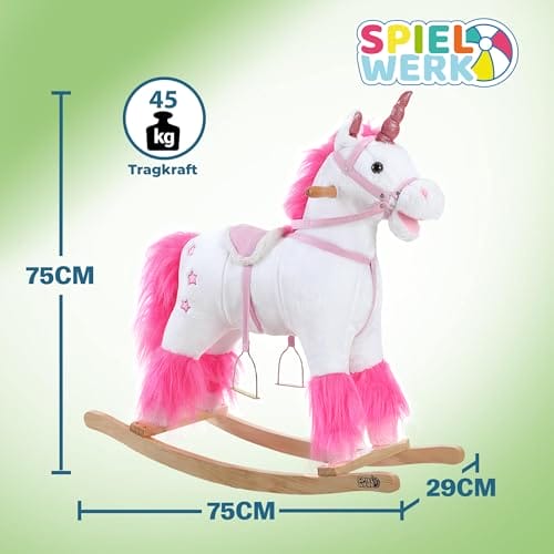 Deuba Spielwerk® Schaukeltier Einhorn inkl. Sound Effekt Sattel Zaumzeug Steigbügel Plüsch Schaukel Wippe Kinder Baby Spielzeug Balancetraining besonders weich Schaukelpferd – Bild 6