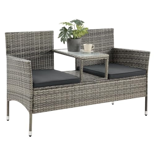 Juskys Polyrattan Gartenbank Monaco - 2-Sitzer Bank mit Tisch & Kissen - 133x63x84 cm - Rattan Sitzbank wetterfest Garten Balkon - grau-meliert – Bild 5