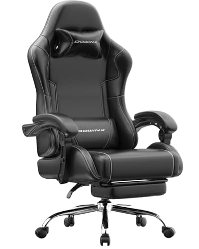 Dowinx Gaming Stuhl Bürostuhl Massage Gaming Sessel mit höhenverstellbaren Linkage-Armlehnen, ergonomischer Gamer Stuhl mit Fußstütze, gepolstert Gaming Chair 150° neigbar bis 180 kg, Schwarz