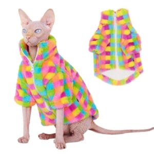 Winter-Fleecejacke für Katzen mit Reißverschluss, warmer Regenbogen-Fleece-Hoodie für Herbst und Winter, Sphynx, Katzen, Chihuahua, Yorkie, Welpen, zweibeinig, leicht zu tragen, Katzenmantel mit