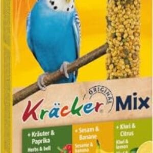 Vitakraft Kräcker Mix, Vogelsnack, für Wellensittiche, Knabberstangen, mit Kräutern und Paprika, mit Kiwi und Citrus, mit Banane und Sesam, ohne Zusatz von Zucker (1x 90g)