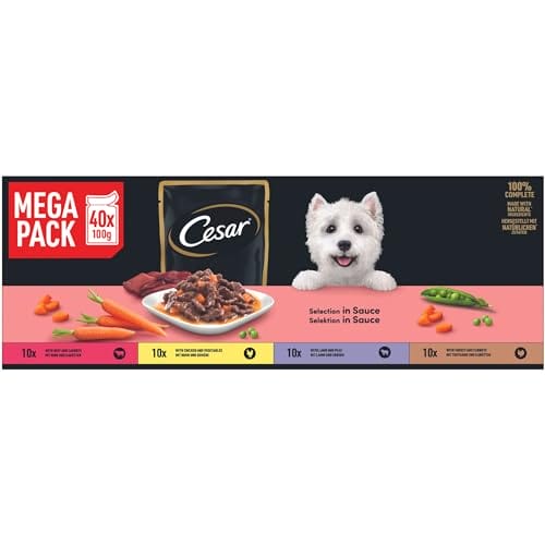 Cesar Selektion in Sauce Premium Hunde Nassfutter im Portionsbeutel 4 Varietäten 40x100g – Bild 3