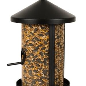 Vogelfutterspender – Eira Schwarz – 31 cm – Für Körner & Erdnüsse – Metall & Polycarbonat – Schutzgitter – Flamingo