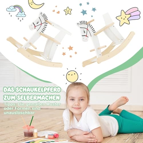 COSTWAY 2 in 1 Zebra Schaukelpferd, Schaukeltier aus Holz mit abnehmbaren Zäunen & Rückenlehne, Schaukelwippe Holzschaukelpferd für Baby ab 3 Jahren, Weiß – Bild 5