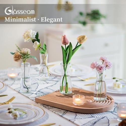 Glasseam Kleine Vasen für Tischdeko, Deko Vase Glas Klar Blumenvase Modern Glasvase Klein 6 Stück, Minimalistische Blumenvasen Set für Wohnzimmer Hochzeit Party Esstisch Tafelaufsatz Dekovase – Bild 5