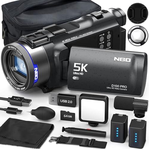 NBD 5K Camcorder 48MP F1.8 mit 16X Zoom & 270° Drehdisplay, 5K/30fps Video, WiFi – Profi-Vlog Kit inkl. 64GB + Mikrofon (Schwarz)