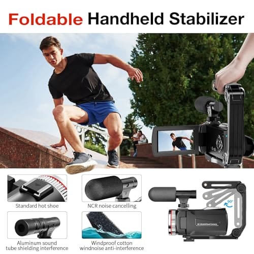 Videokamera 4K 64MP Camcorder Vlogging Kamera für YouTube,21X Digital Zoom, 3" 270° Drehbarer Screen Video Vlogging Dual Camera mit 64GB Karte, Mikrofon, Stabilisator, Fernbedienung,2 Batterien – Bild 6
