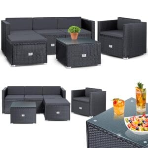 KESSER® Polyrattan Lounge Aruba – Gartenlounge für 4-5 Personen Gartenmöbel-Set Sitzgruppe aus 3er Gartensofa, Sessel, Hocker Beistelltisch mit Sitzkissen für Garten, Terrasse und Balkon, Anthrazit
