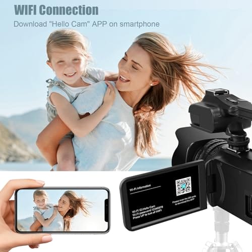 Delmodes Videokamera 6K 64MP Camcorder 18X Digital Zoom Vlogging Camera for YouTube, 4.0" Touch Screen HD WiFi Videokamera mit 4500mAh Battery, 64G SD-Karte, Stabilizer, Microphone and Remote – Bild 6